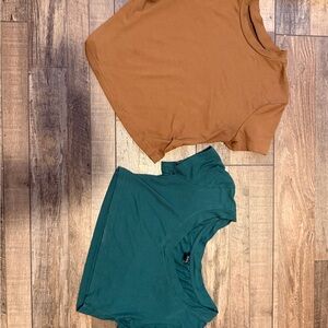 Brown top from amazon and Teal Crop top from shein